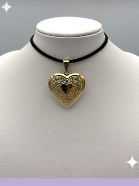 Gold Heart Locket Pendant Necklace - Black Cord